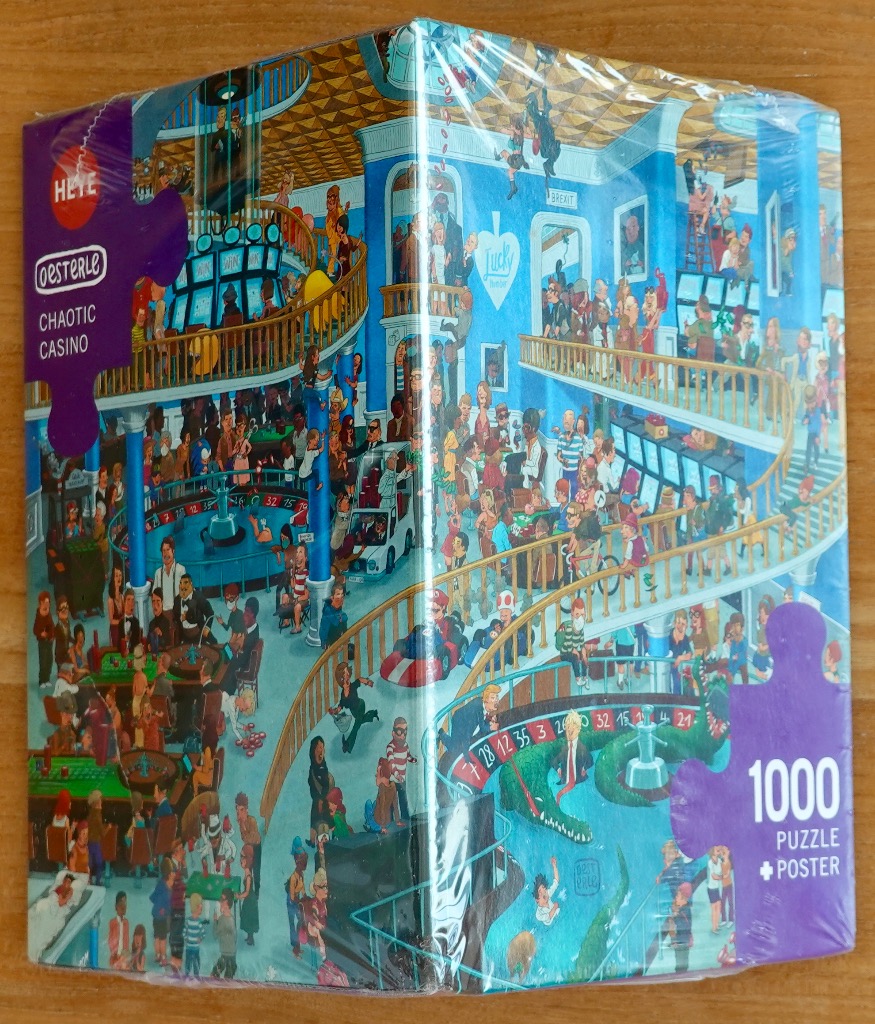 A chaotic, multi-level illustrated casino scene featuring numerous pop culture characters and busy activity.