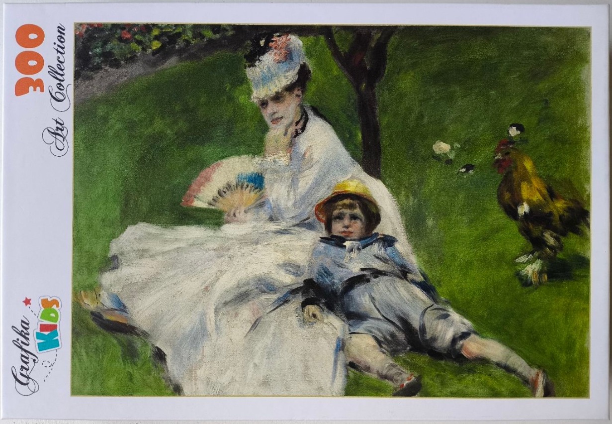 A reproduction of Renoir's Madame Monet and Her Son, showing a woman and child sitting on grass next to a rooster.