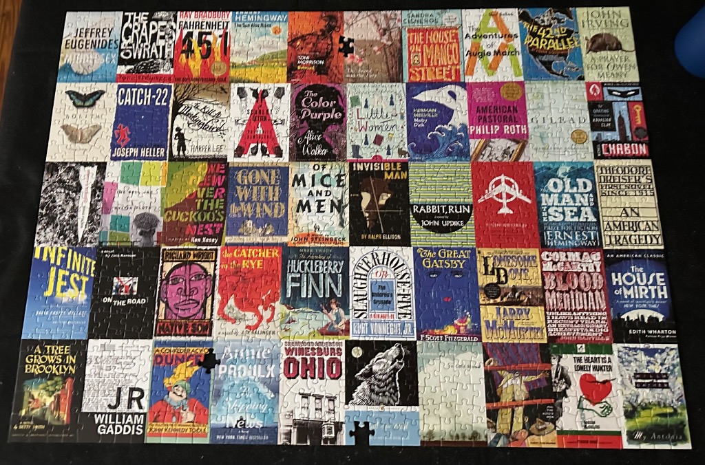 A collage of classic American novel book covers arranged in a grid.