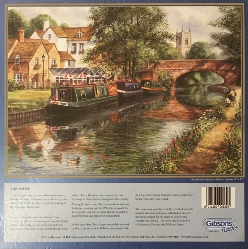 Painting of canal boats moored beside a charming English village with a stone bridge and a church in the background.