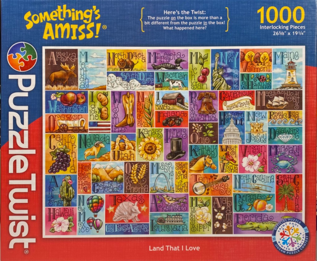 A collage of 50 illustrated squares, each representing a US state with a thematic icon, name, and vibrant colours.