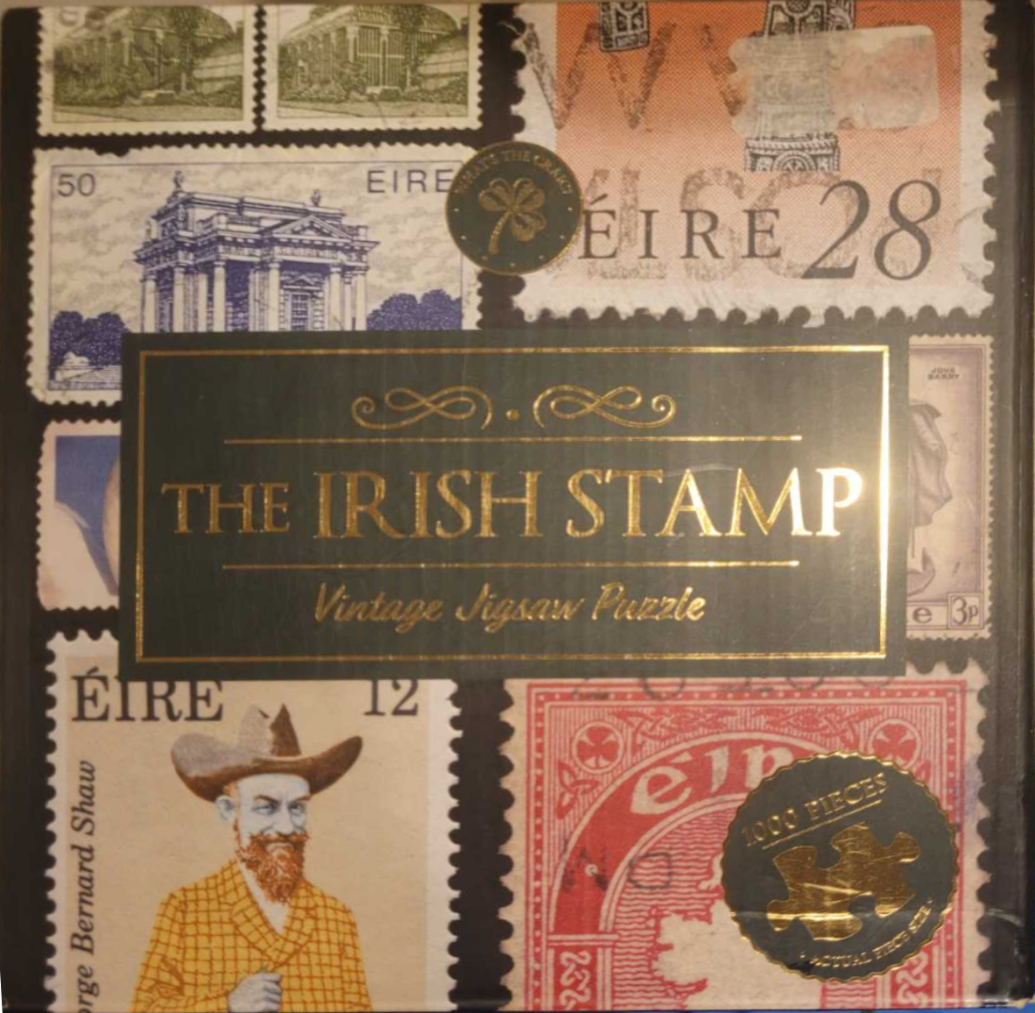 A collage of vintage Irish postage stamps featuring landmarks and George Bernard Shaw.