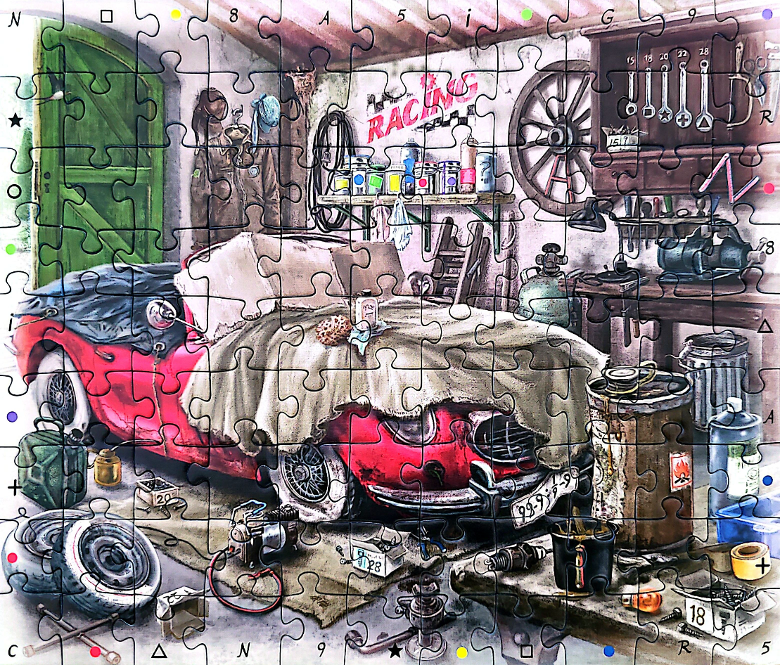 Red vintage car covered in a garage with tools, gas cans, and tires.