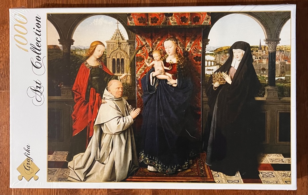Renaissance painting of the Virgin Mary and Child flanked by saints and a kneeling monk under stone arches.