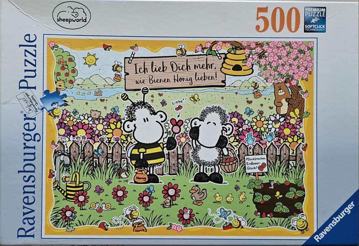 Cartoon illustration of two sheep in a garden, one dressed as a bee, with flowers, a strawberry patch, and a wooden sign.