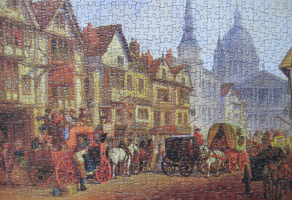 Historical street scene in London with horse-drawn carriages and St. Paul's Cathedral in the background.