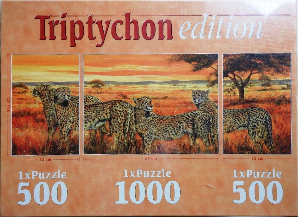 A triptych-style illustration of cheetahs in an African savanna at sunset.