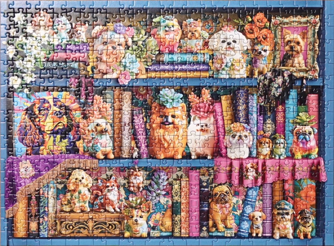 A whimsical illustration of small dogs posing on bookshelves filled with colorful books and succulents.