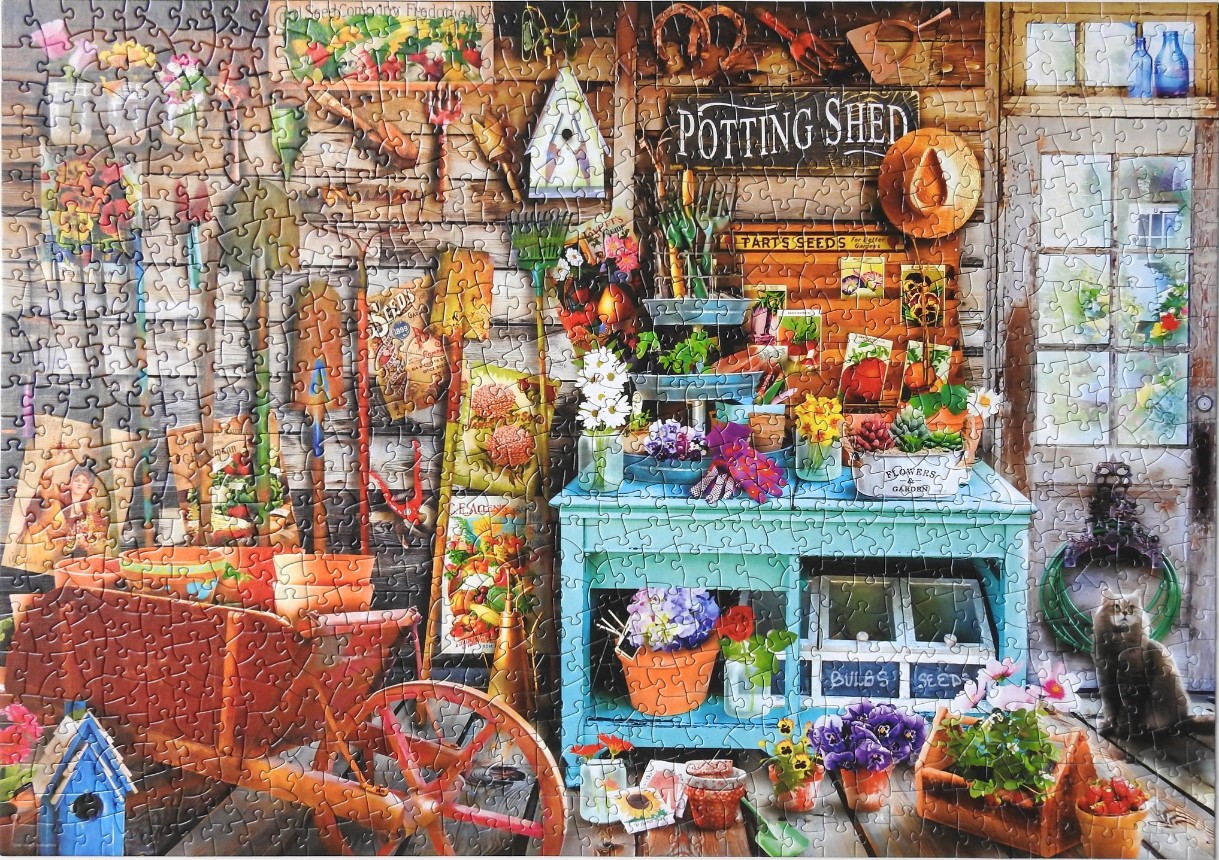 A detailed illustration of a cozy, rustic potting shed filled with gardening tools, flower pots, and a fluffy cat.