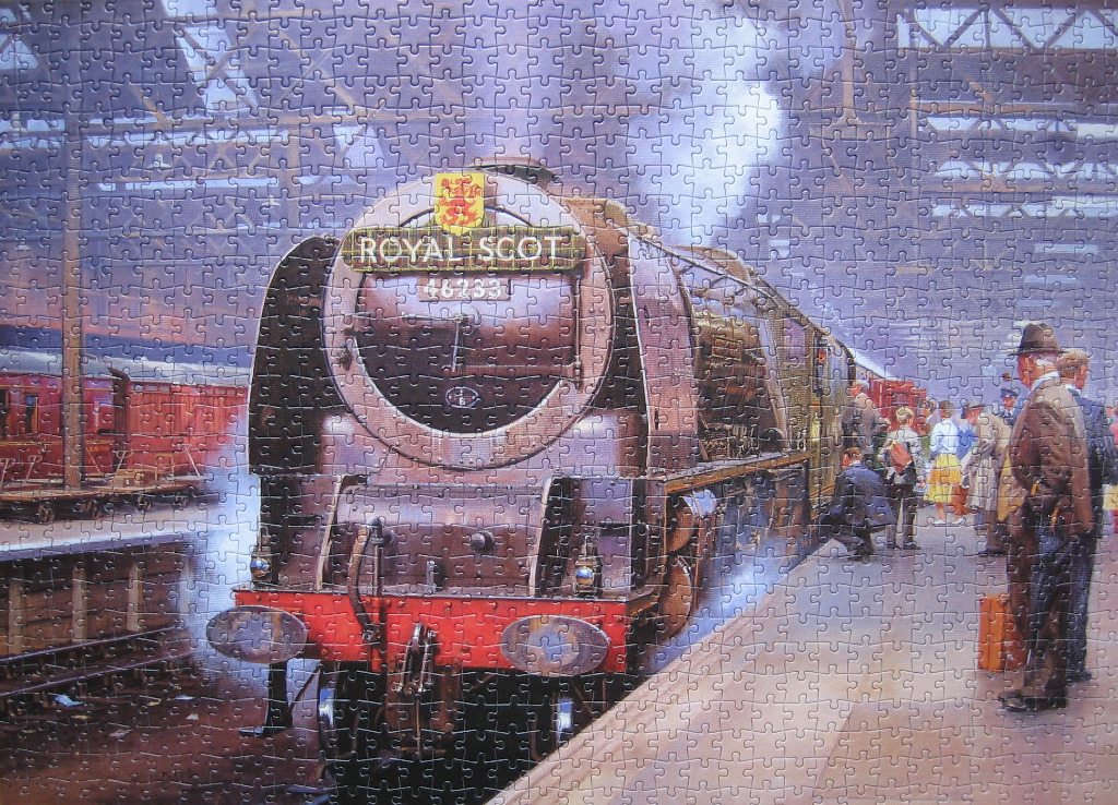 A vintage painting of the Royal Scot steam locomotive waiting at a busy train station platform.