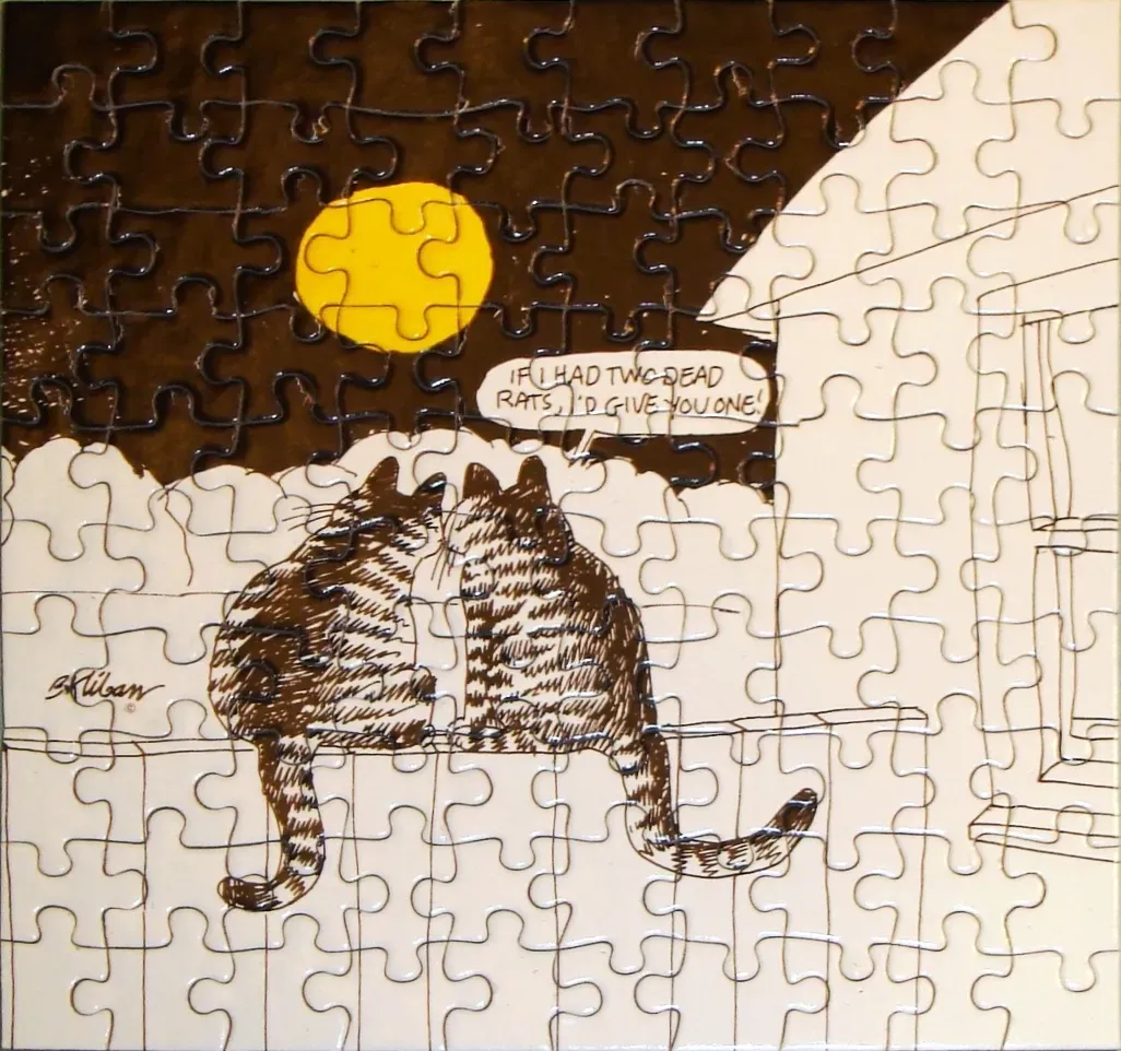 Cartoon illustration of two cats sitting on a fence under a moonlit sky with a speech bubble saying, 'If I had two dead rats,