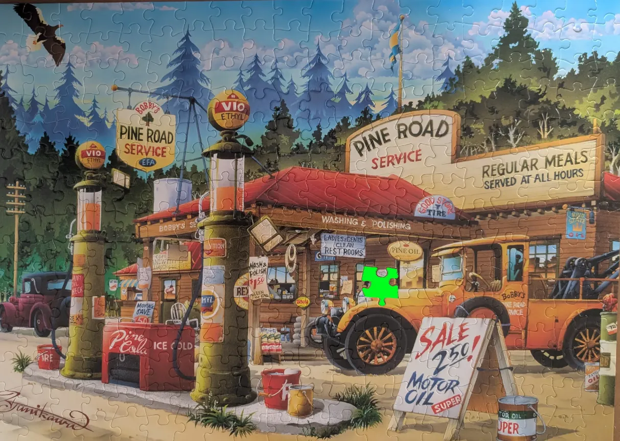 Vintage Pine Road Service gas station with antique vehicles and forest backdrop