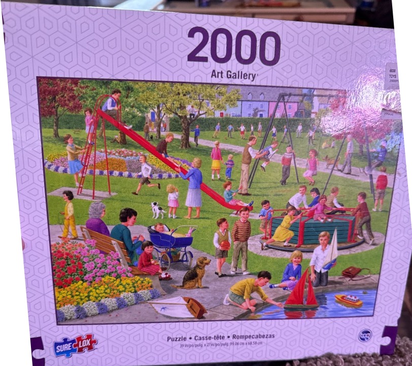 Illustration of a lively park scene filled with many children playing on a slide, swing set, merry-go-round, and pond.