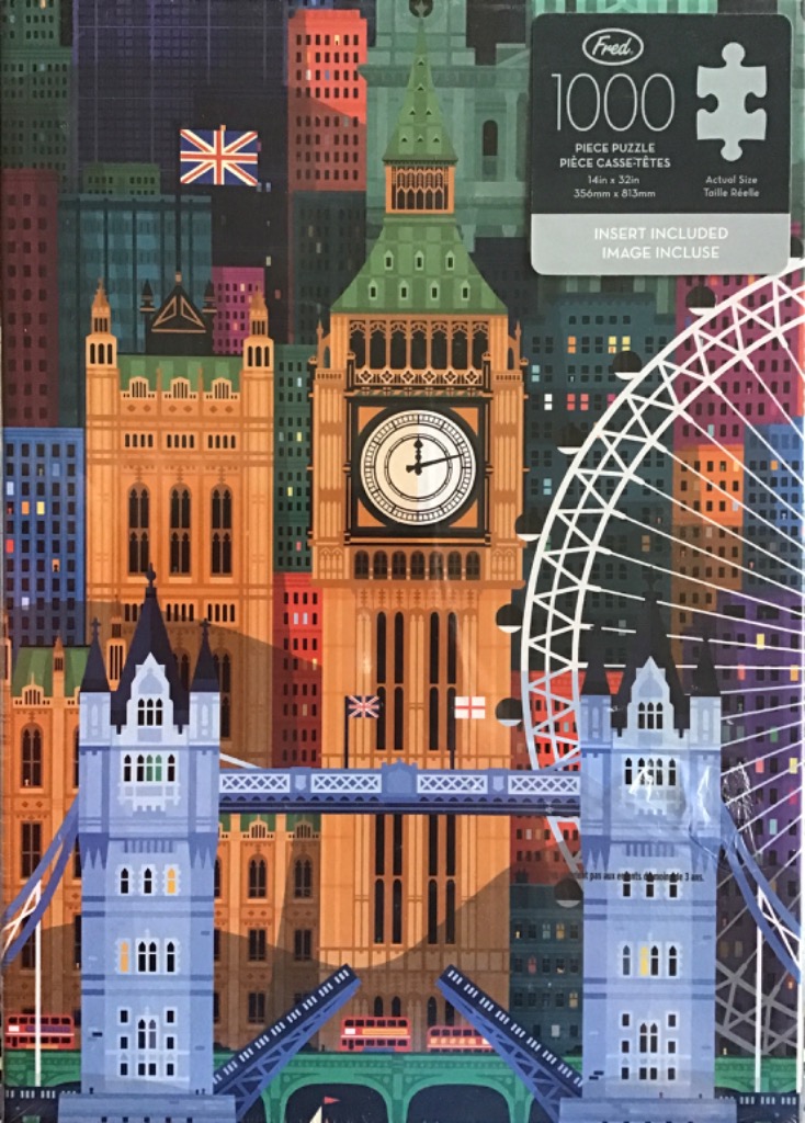 Stylized flat-vector illustration of iconic London landmarks including Big Ben, Tower Bridge, and the London Eye.