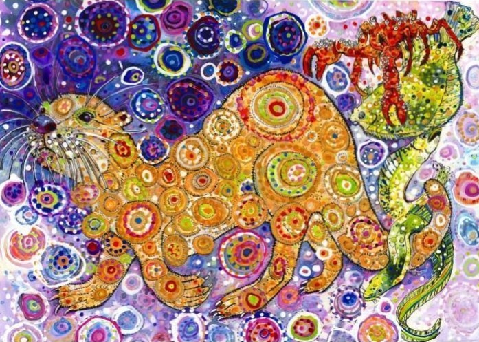 An otter, crab, and eel depicted in vibrant, dot-filled, psychedelic patterns on a purple background.