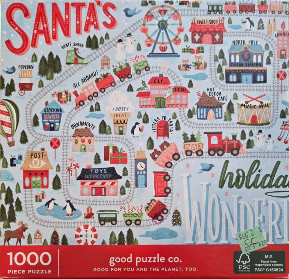 Whimsical illustrated map of a festive North Pole village with train tracks, colorful shops, and holiday figures.