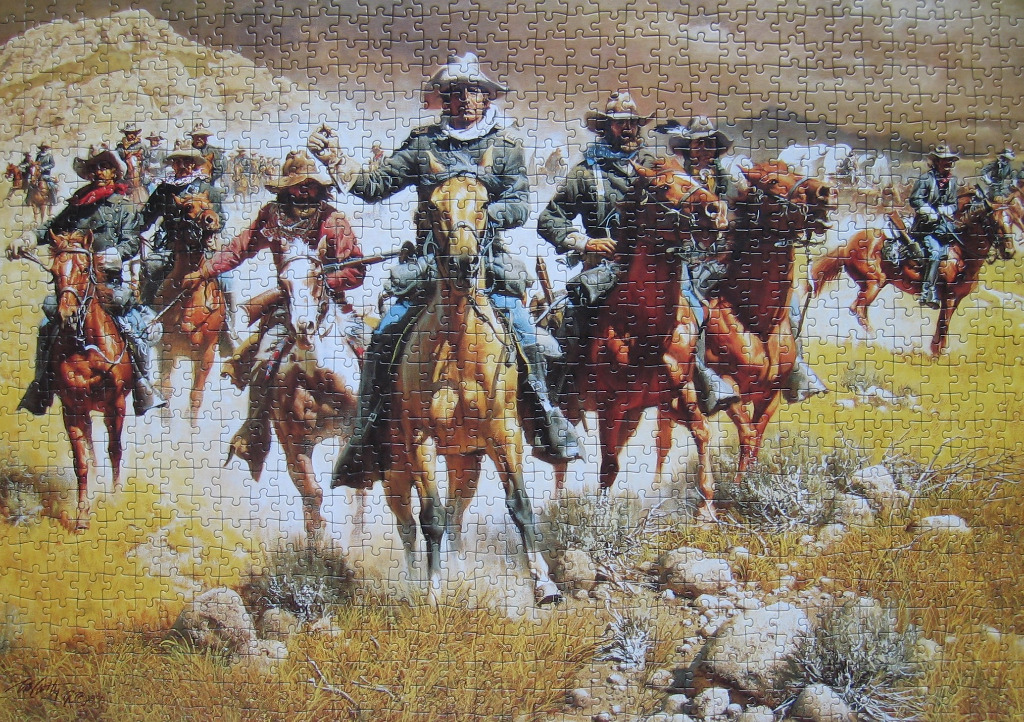 A dramatic western oil painting of a group of mounted cavalrymen riding across a rocky, golden desert landscape.