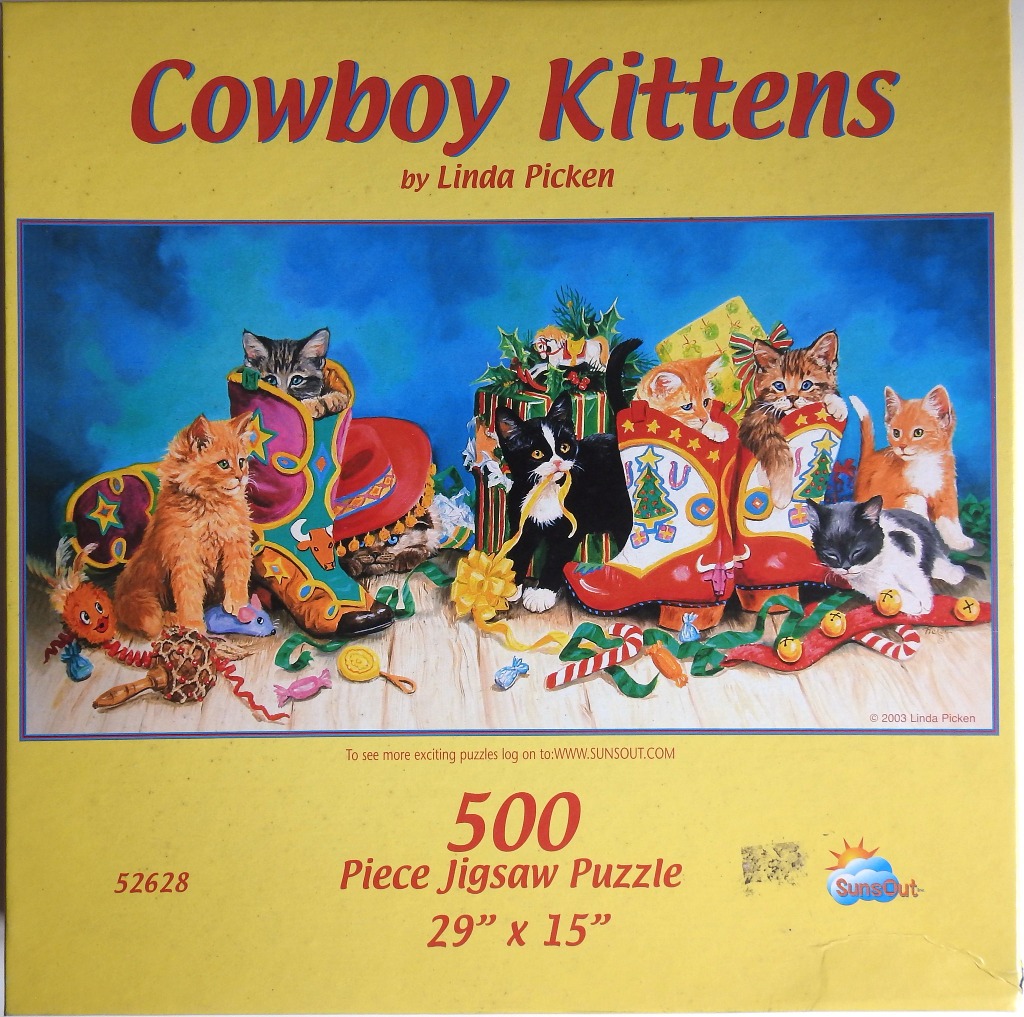 A whimsical illustration of seven kittens playing around colorful cowboy boots and holiday gifts.