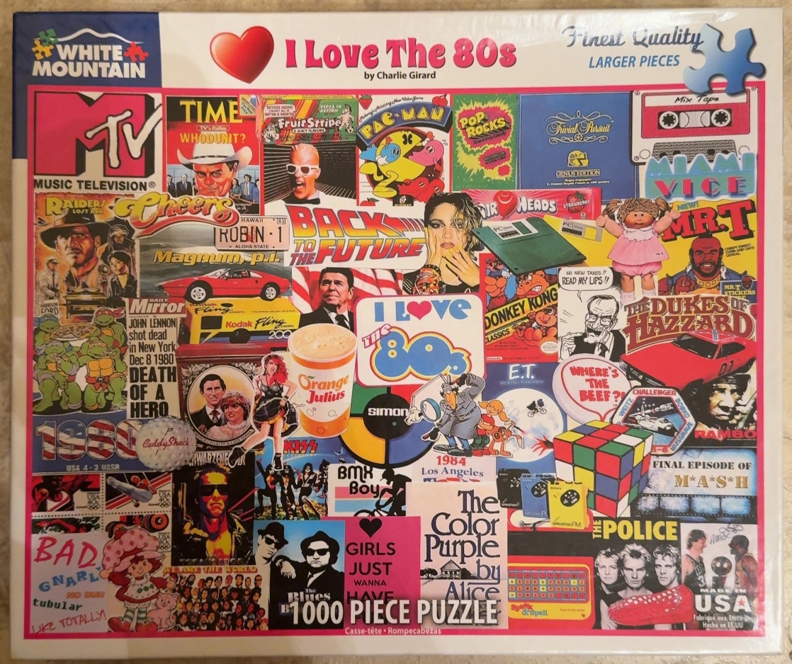 A nostalgic 1980s pop culture collage featuring icons like MTV, Pac-Man, and Rubik's Cube.