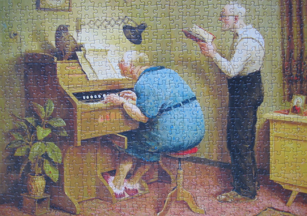 An elderly couple making music together at home, with a woman playing a small organ and a man singing from a book.
