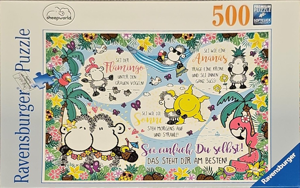 Cartoon illustration of fluffy white sheep in a tropical paradise setting with German text captions.