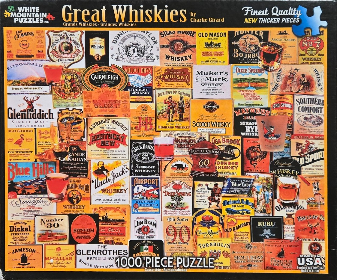 A collage of vintage-style whiskey labels and branding artwork featuring numerous amber-colored glasses.