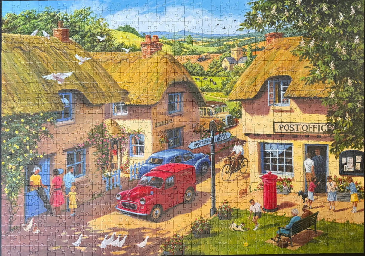 An illustration of a quaint English village scene with thatched-roof cottages, a post office, and vintage vehicles.