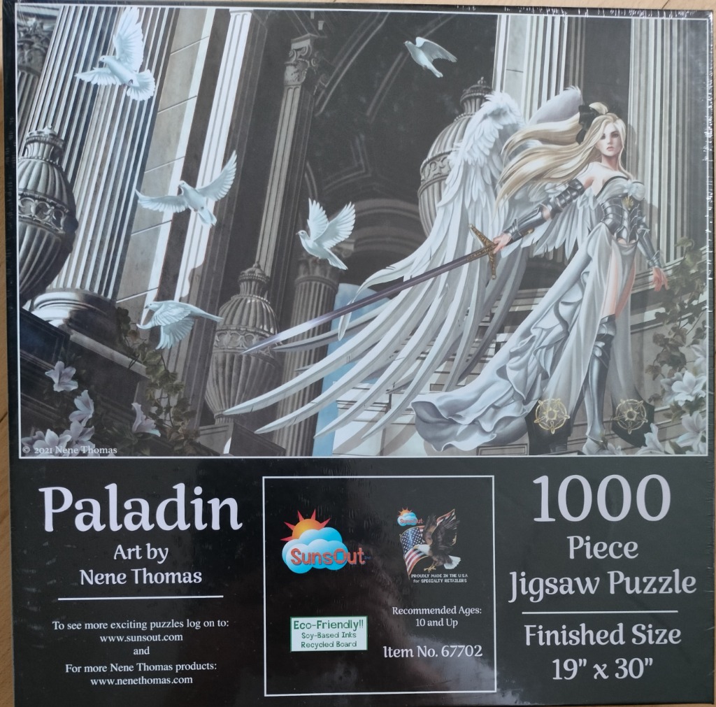 Fantasy illustration of a blonde female warrior with large white wings holding a sword amidst classical architecture.