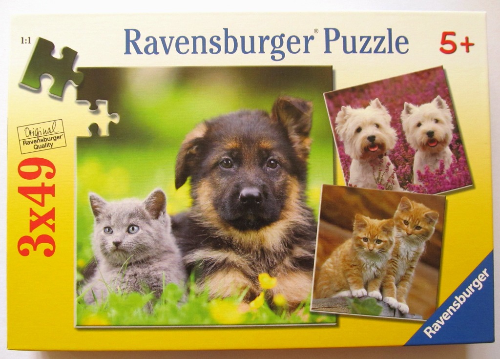 A collage of three photographs featuring a German Shepherd puppy with a kitten, two white terriers, and two orange kittens.