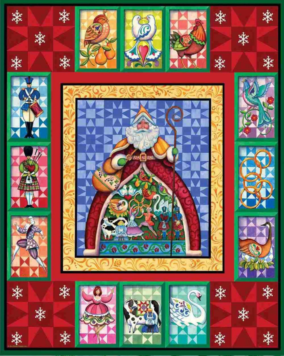 A quilt-style folk art illustration featuring Santa Claus surrounded by smaller panels depicting the Twelve Days of Christmas
