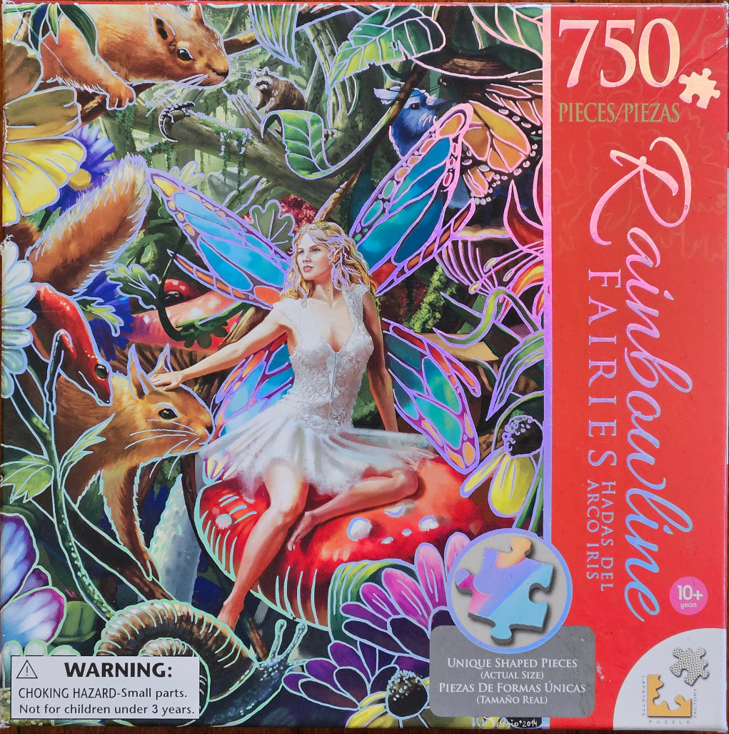 A fairy with iridescent wings sitting on a large red mushroom in a lush, magical forest with squirrels and flowers.