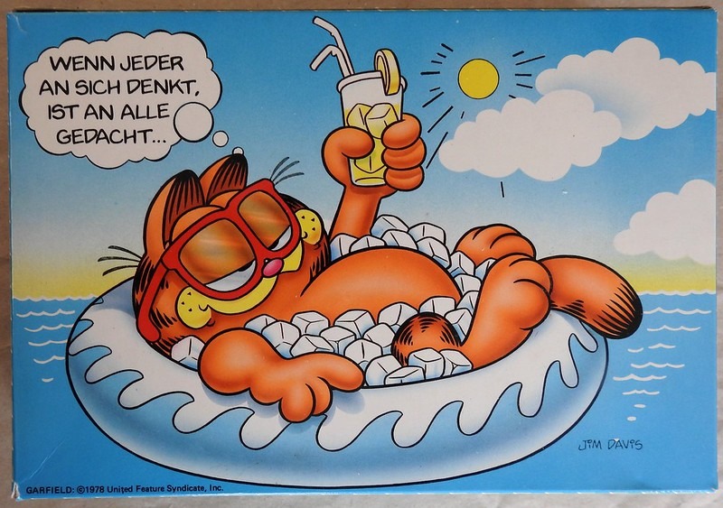 Garfield the cat wearing sunglasses and floating on a pool ring filled with ice cubes, holding a drink.