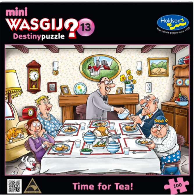 Cartoon illustration of four people and a waiter around a dining table set for a formal meal.