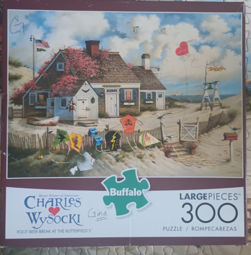 An Americana-style painting of a seaside cottage surrounded by kites on a sandy beach.