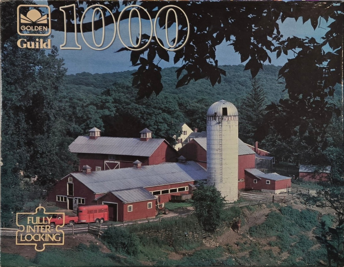 A rural farm scene with red barns and a tall silo nestled in a lush green valley at dusk.