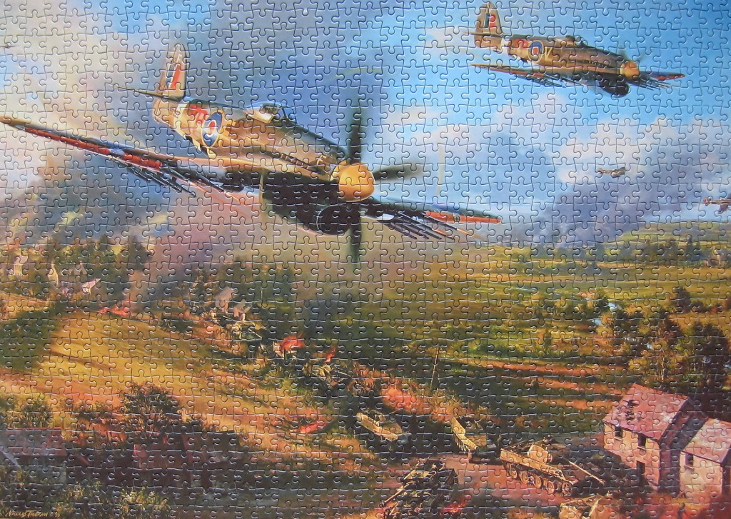 An oil-style painting of two Hawker Typhoon fighter planes flying over a burning rural village during wartime.
