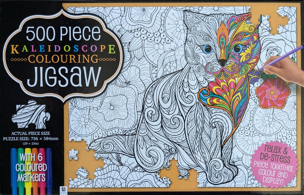 A colouring-in style illustration of a cat filled with intricate patterns, partially coloured in bright, vibrant shades.