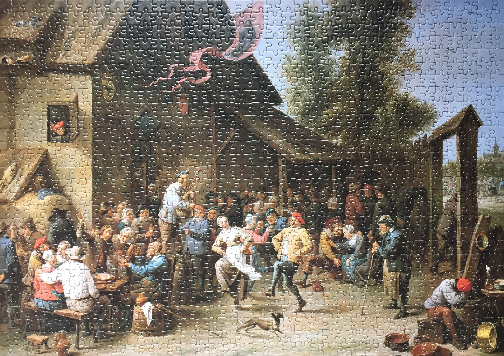 A bustling 17th-century village scene depicting a festive outdoor peasant dance by a tavern.