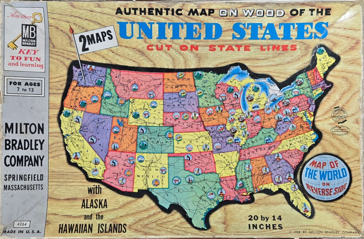 A vintage map of the United States on a wood grain background with educational illustrations within each state.