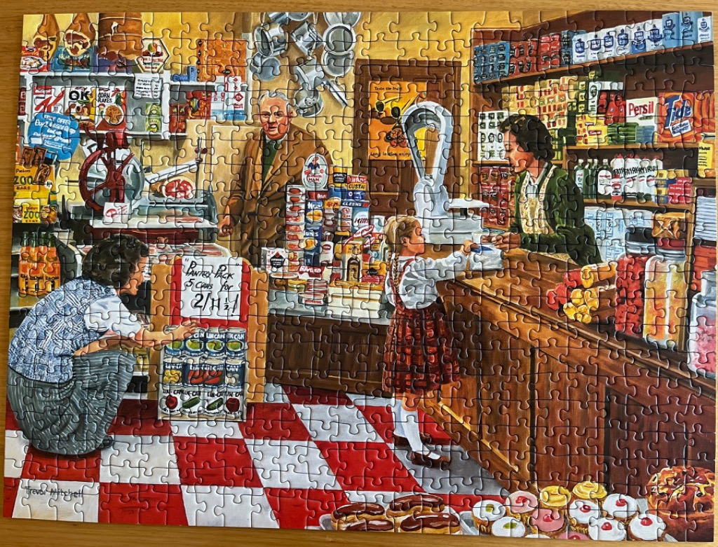 A nostalgic illustration of a 1950s-era grocery store interior with customers and a shopkeeper.