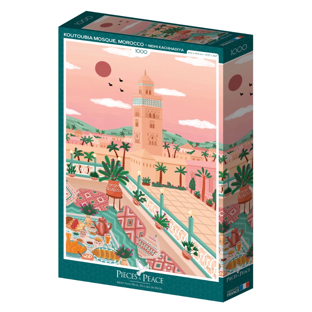 Illustration of the Koutoubia Mosque in Marrakech at sunset with a tea setting in the foreground.