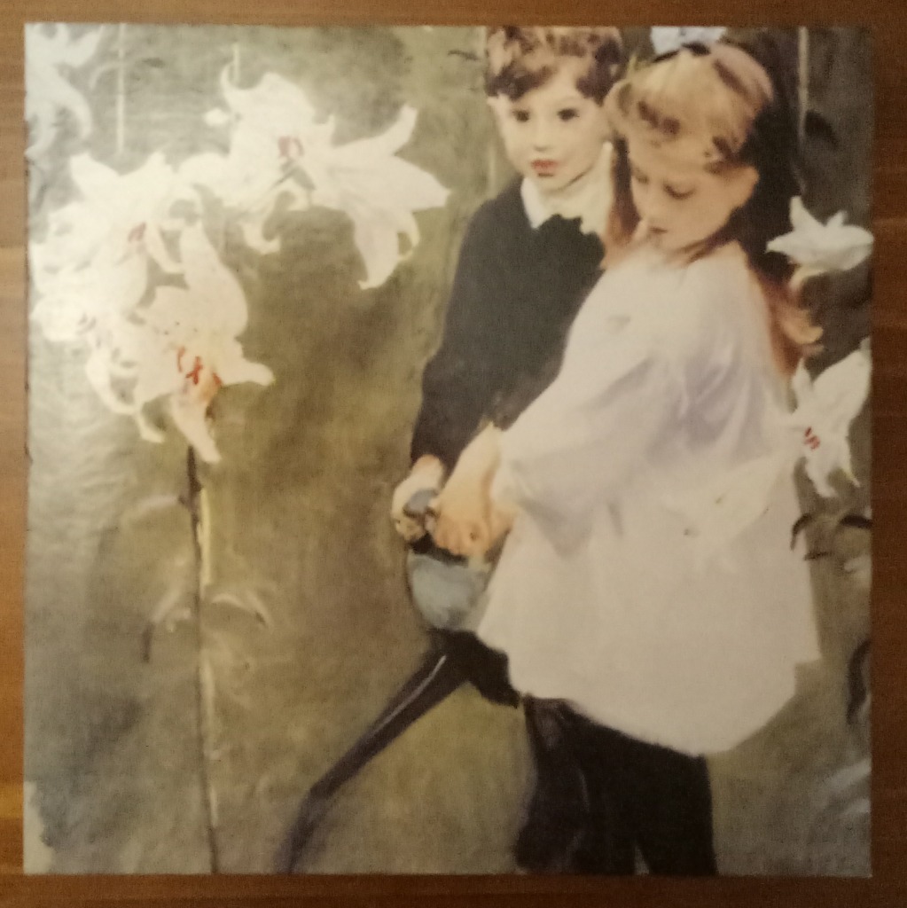 A Victorian-style painting of two children standing amidst large, pale lilies in a dimly lit garden.