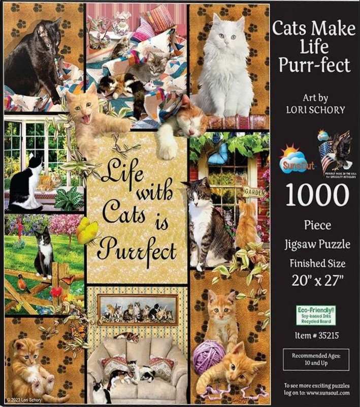 A collage of various cat illustrations and scenes, including playful kittens, serene adults, and cozy indoor settings.