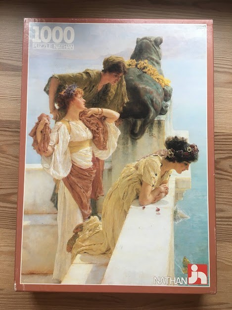 Painting of three women in classical robes overlooking the sea from a stone terrace with a lion statue.
