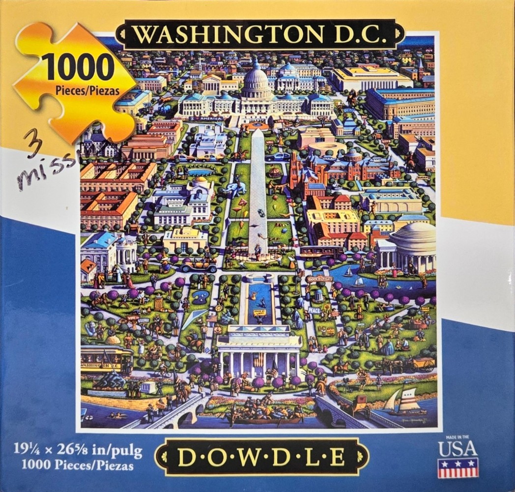 Illustrated map of Washington D.C. featuring the National Mall, the Washington Monument, and the Capitol building.