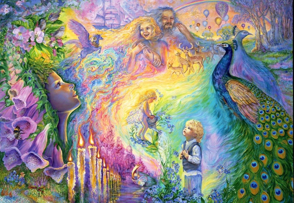 A vibrant fantasy painting featuring people, animals, and magical creatures in a dreamlike, colorful garden setting.