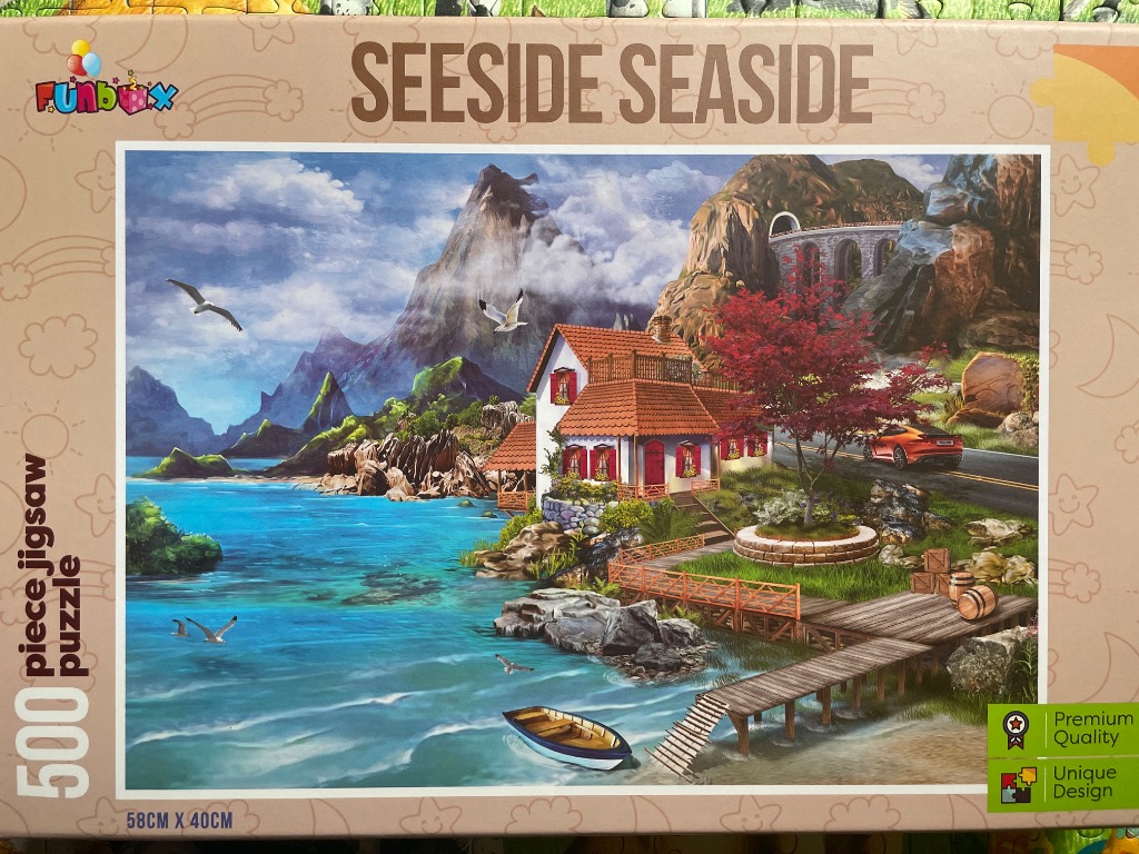 A scenic coastal landscape illustration featuring a house, a mountain, a wooden pier, and a sports car by the water.