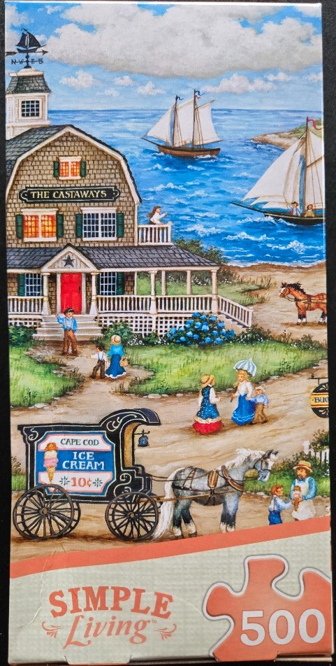 A nostalgic coastal scene showing a shingled house, sailboats on the water, and a horse-drawn ice cream cart.