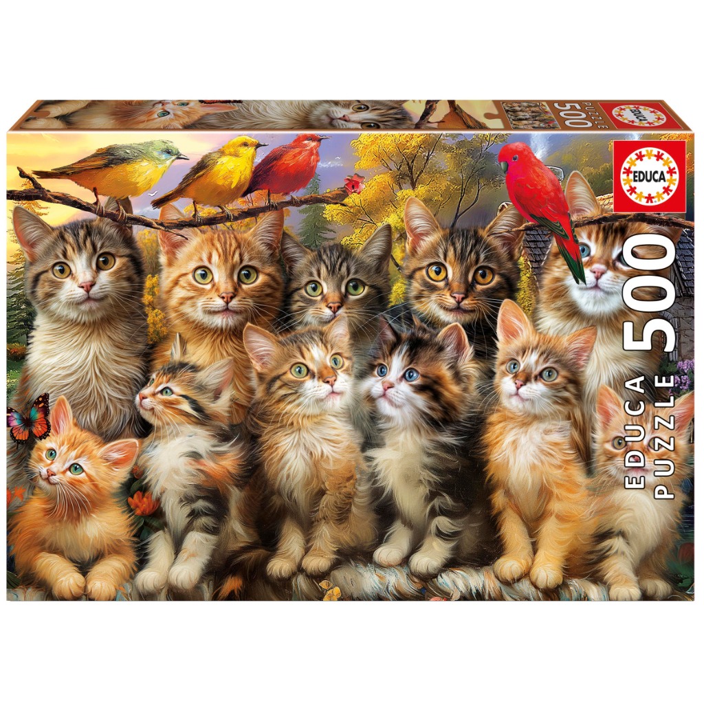 A group of ten fluffy kittens posing together in an autumn forest scene with colorful birds.