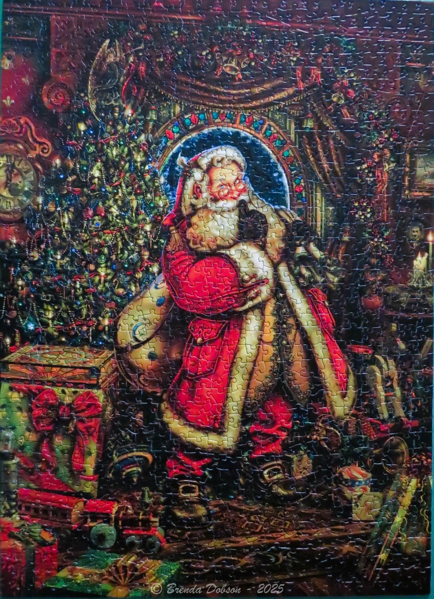 Santa Claus standing in a dimly lit, festive room decorated for Christmas.